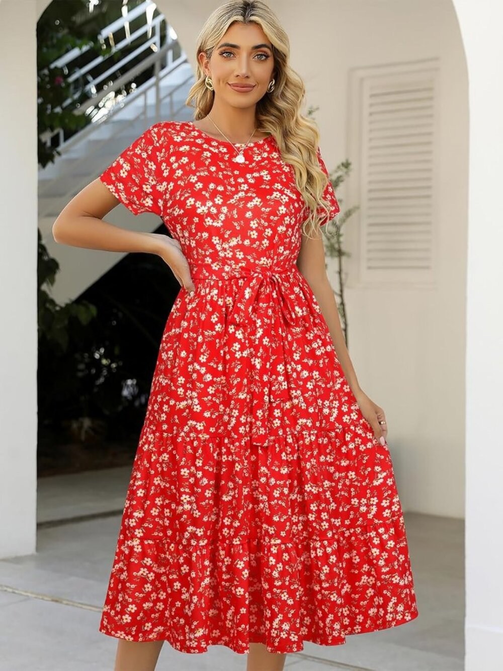 Women's Red Floral Tiered Short Sleeve Belted Pocket Ruffle Midi Maxi Dress - Picture 2 of 6